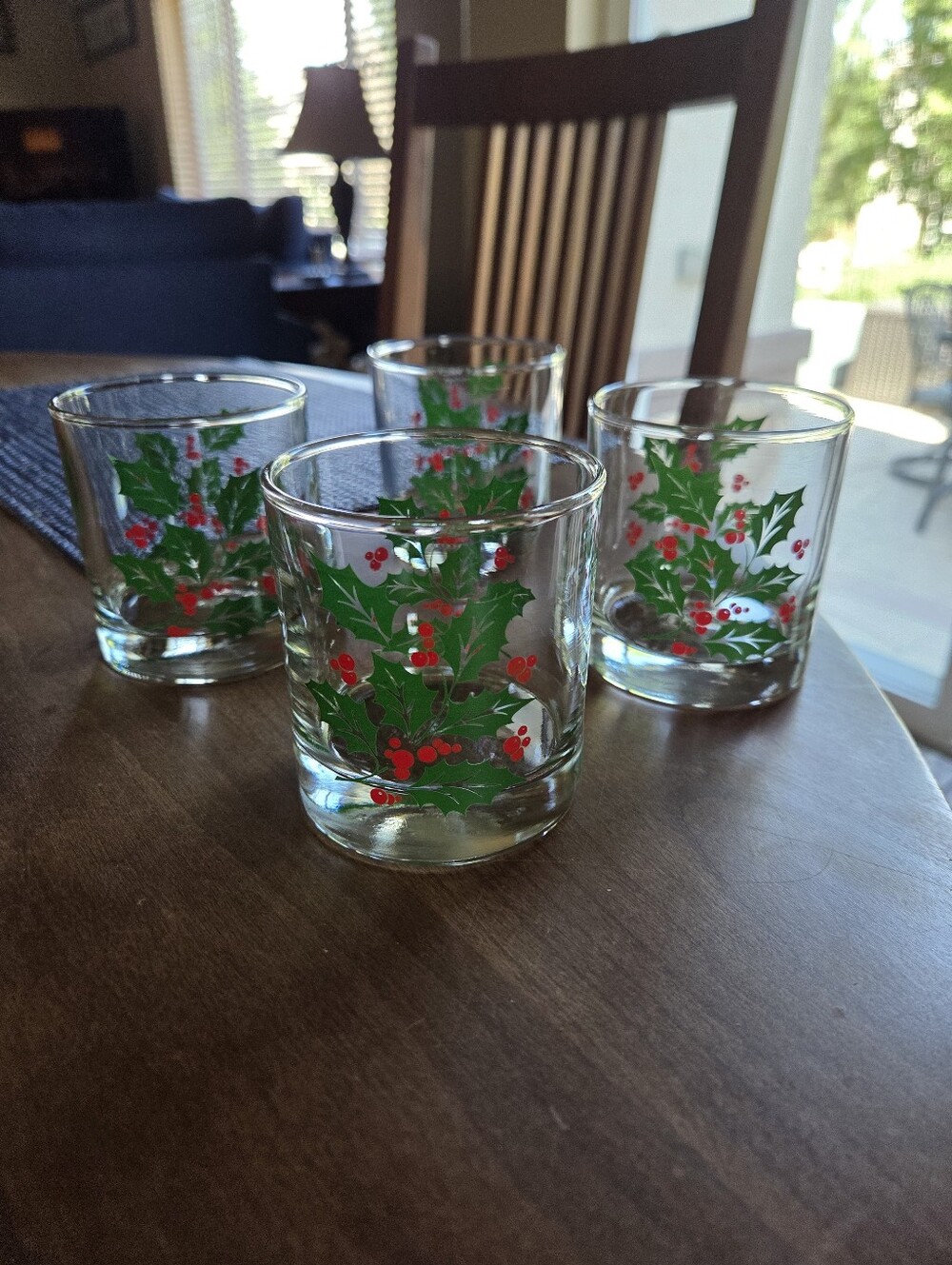 Set Of 4 Indiana Glass Christmas Holly Lowball Glasses